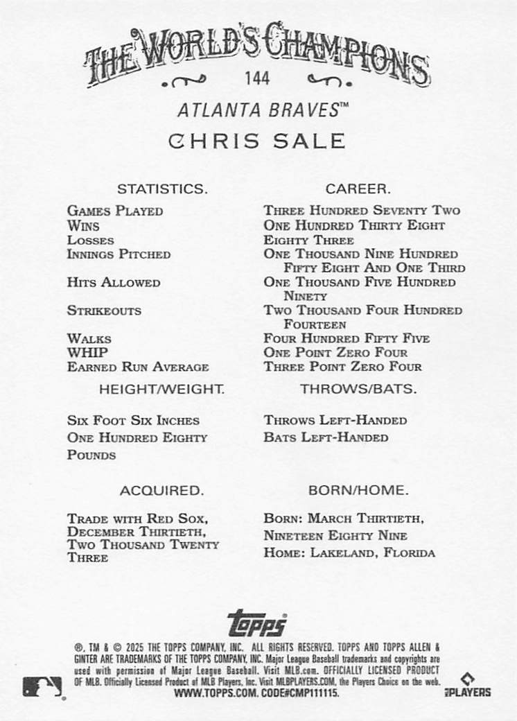2025 Topps Allen & Ginter X Baseball Chris Sale #144