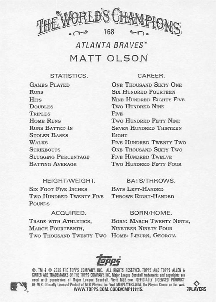 2025 Topps Allen & Ginter X Baseball Matt Olson #168