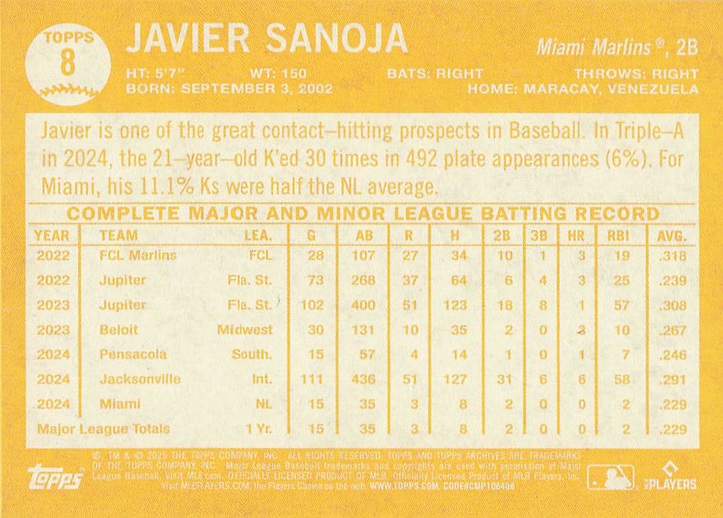 2025 Topps Archives Baseball Javier Sanoja #8 Rookie