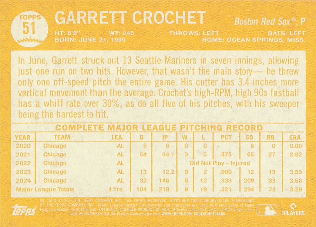 2025 Topps Archives Baseball Garrett Crochet #51