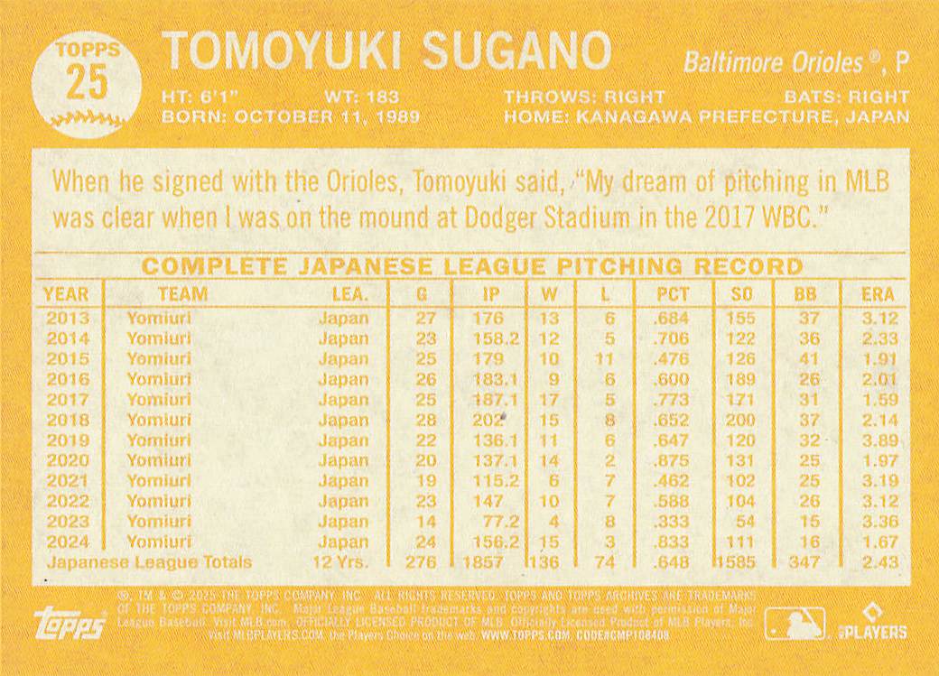 2025 Topps Archives Baseball Tomoyuki Sugano #25 Rookie
