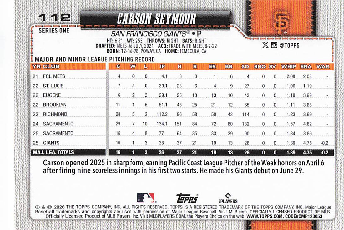 2026 Topps Baseball Carson Seymour #112 Rookie