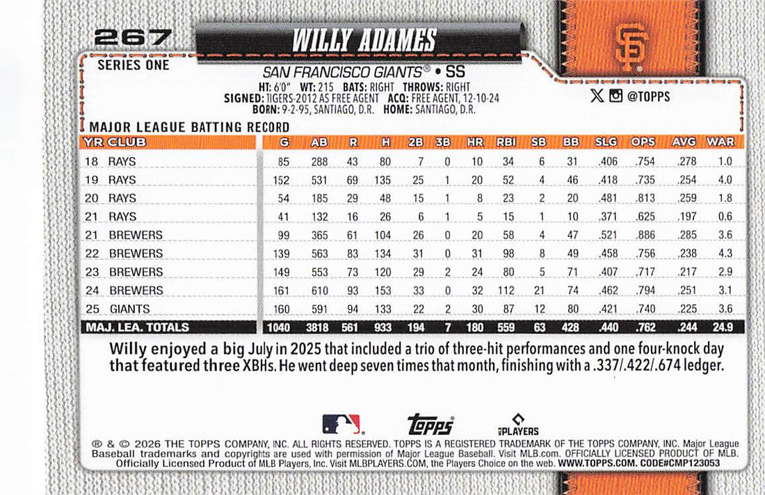 2026 Topps Baseball Willy Adames #267