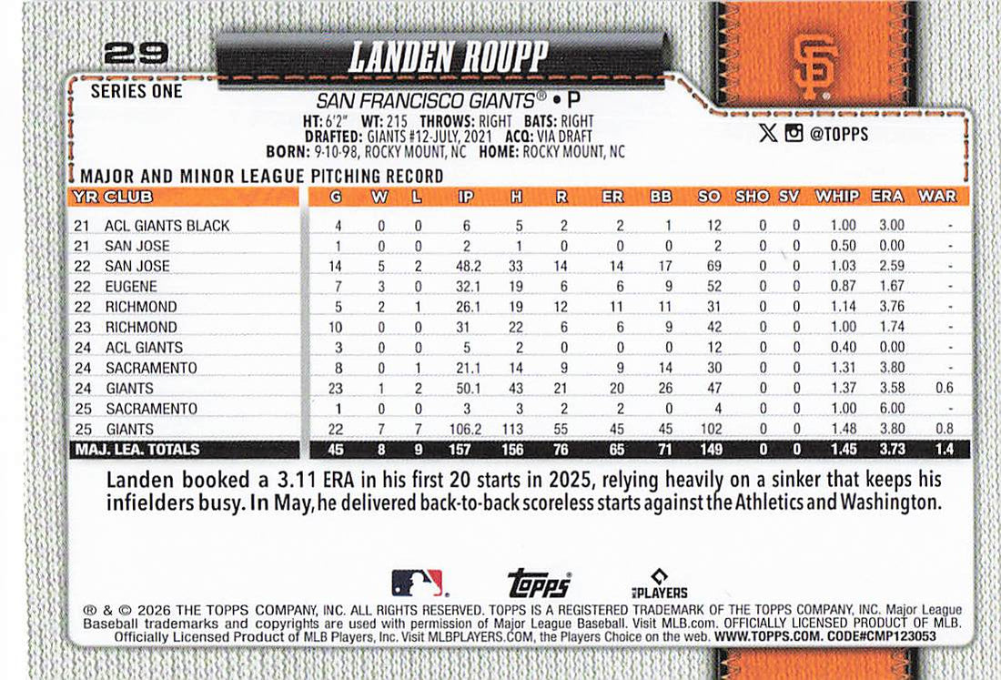 2026 Topps Baseball Landen Roupp #29