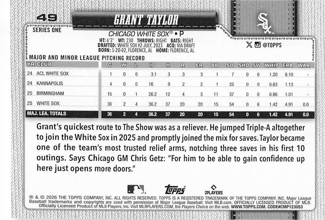 2026 Topps Baseball Grant Taylor #49 Rookie