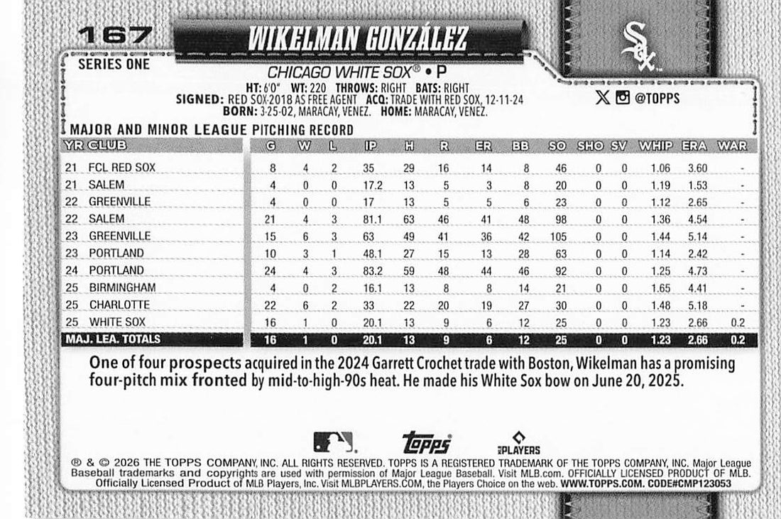 2026 Topps Baseball Wikelman Gonzalez #167 Rookie
