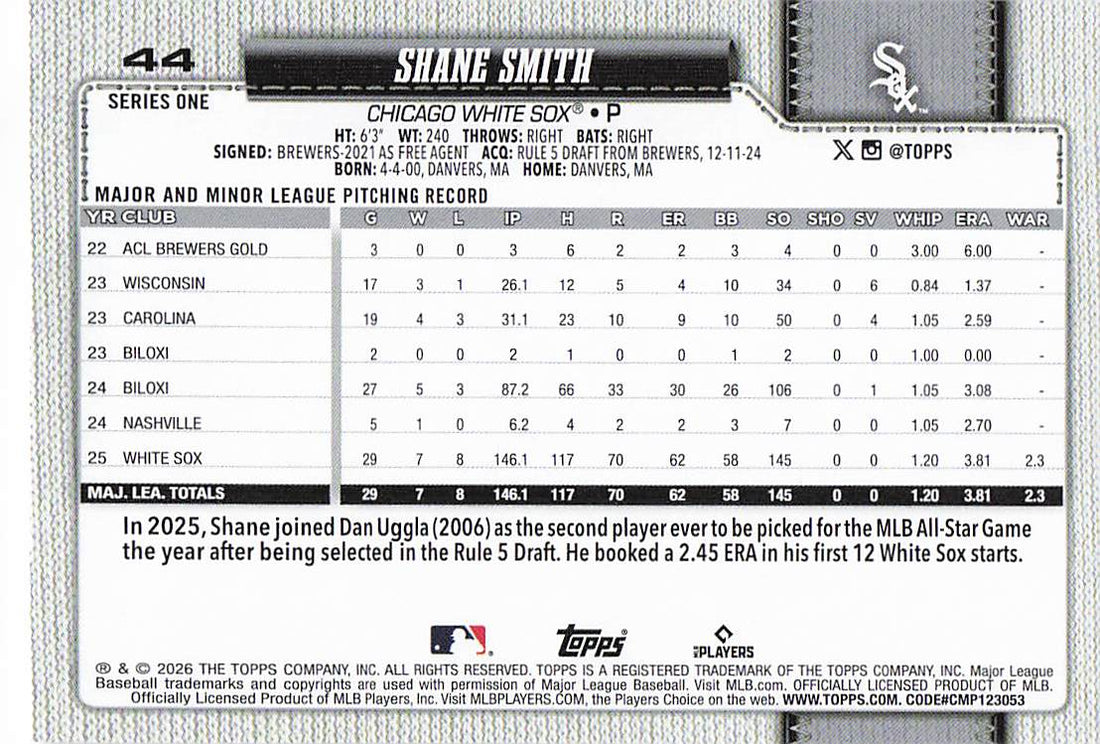 2026 Topps Baseball Shane Smith #44