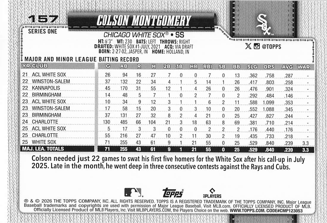 2026 Topps Baseball Colson Montgomery #157 Rookie