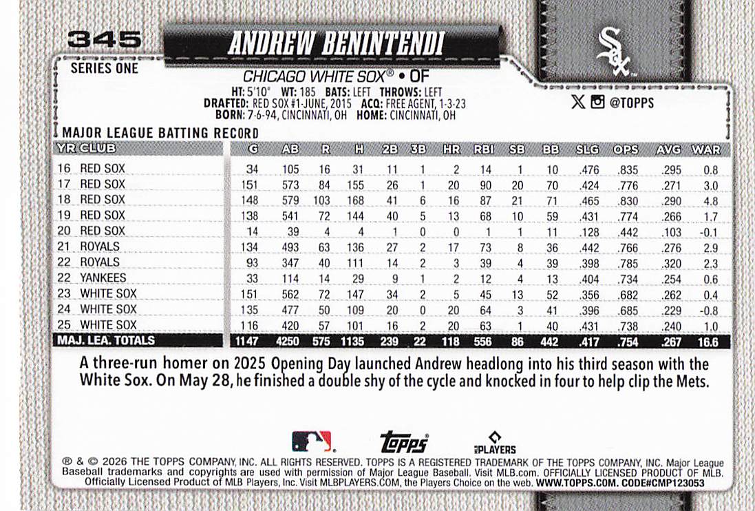 2026 Topps Baseball Rainbow Foil Andrew Benintendi #345