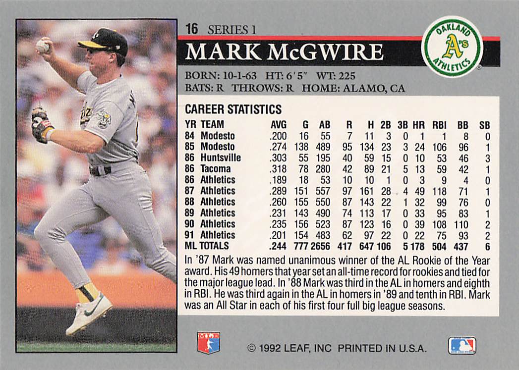1992 Leaf Baseball Mark McGwire #16