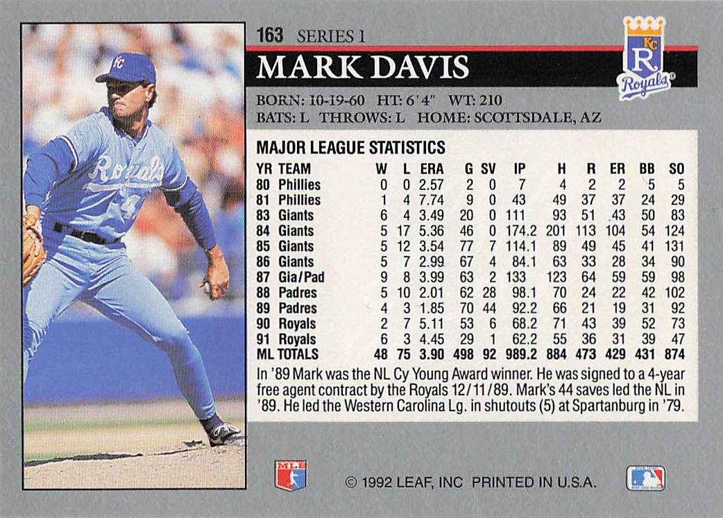 1992 Leaf Baseball Mark Davis #163