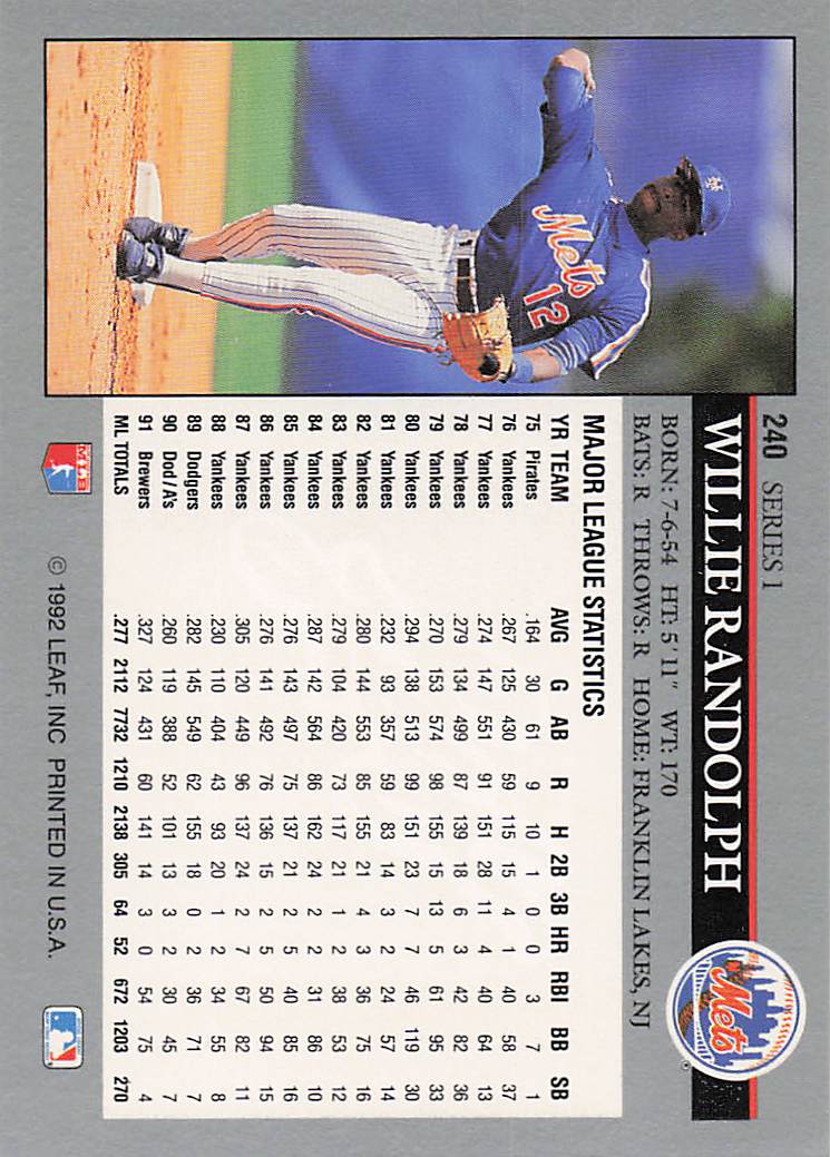 1992 Leaf Baseball Willie Randolph #240