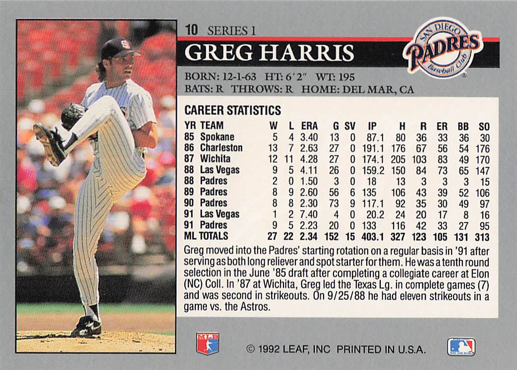 1992 Leaf Baseball Greg Harris #10