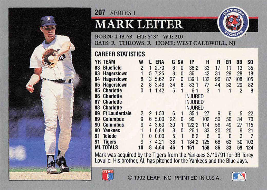 1992 Leaf Baseball Mark Leiter #207