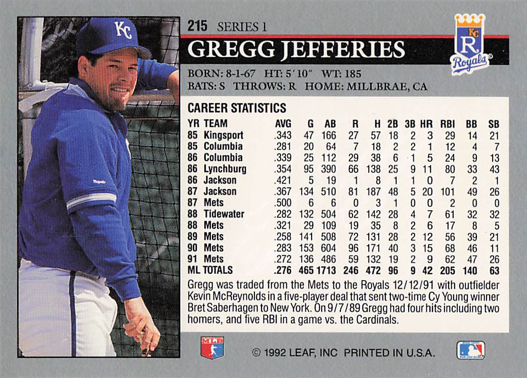 1992 Leaf Baseball Gregg Jefferies #215