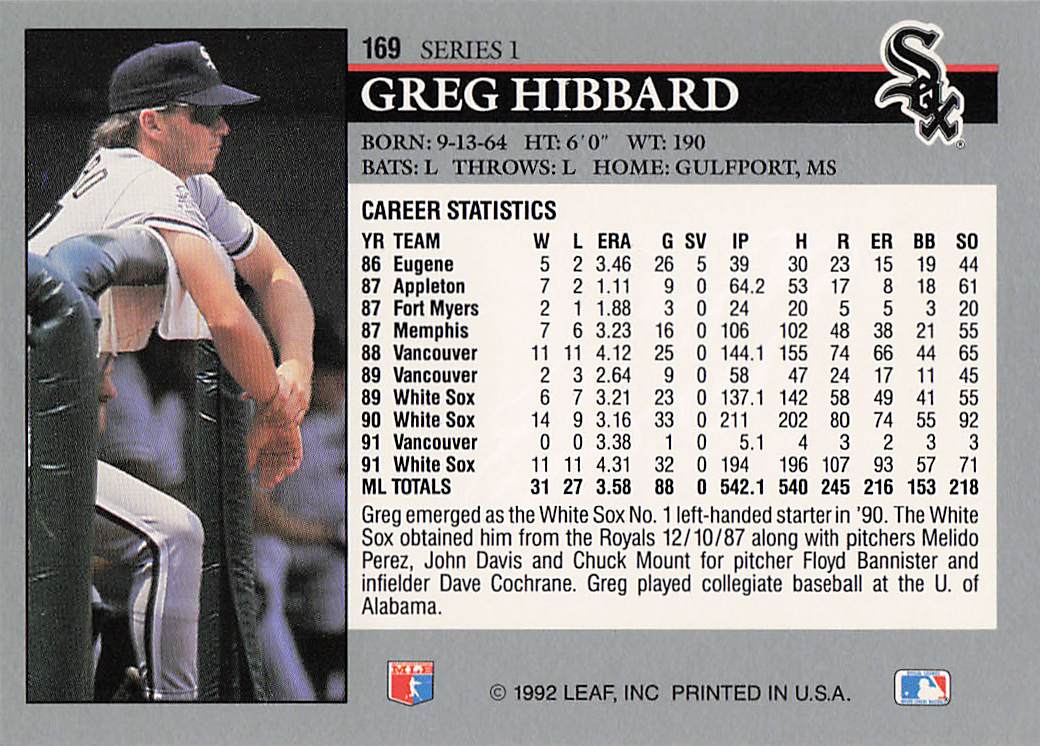 1992 Leaf Baseball Greg Hibbard #169