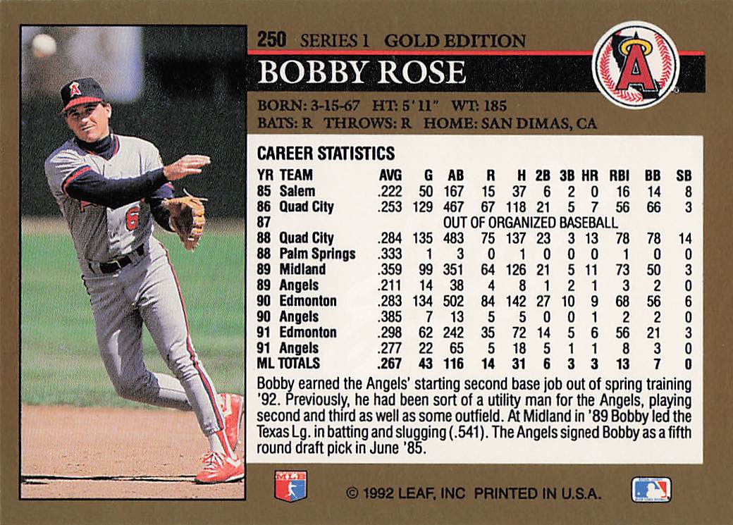 1992 Leaf Baseball Black Gold Bobby Rose #250