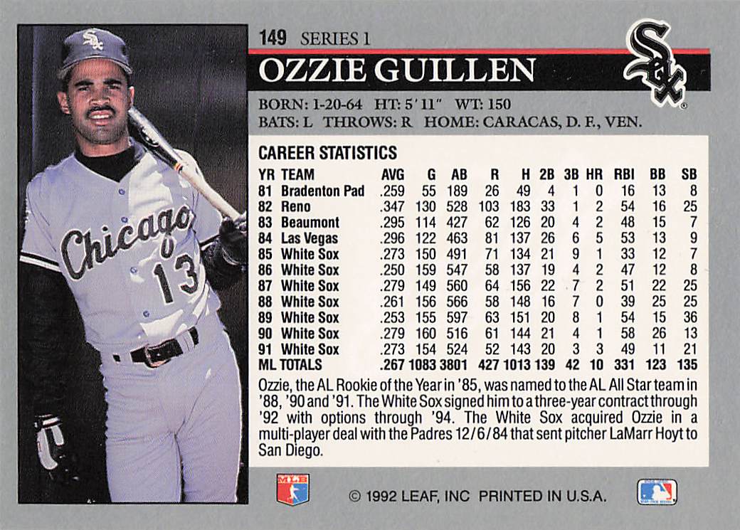 1992 Leaf Baseball Ozzie Guillen #149