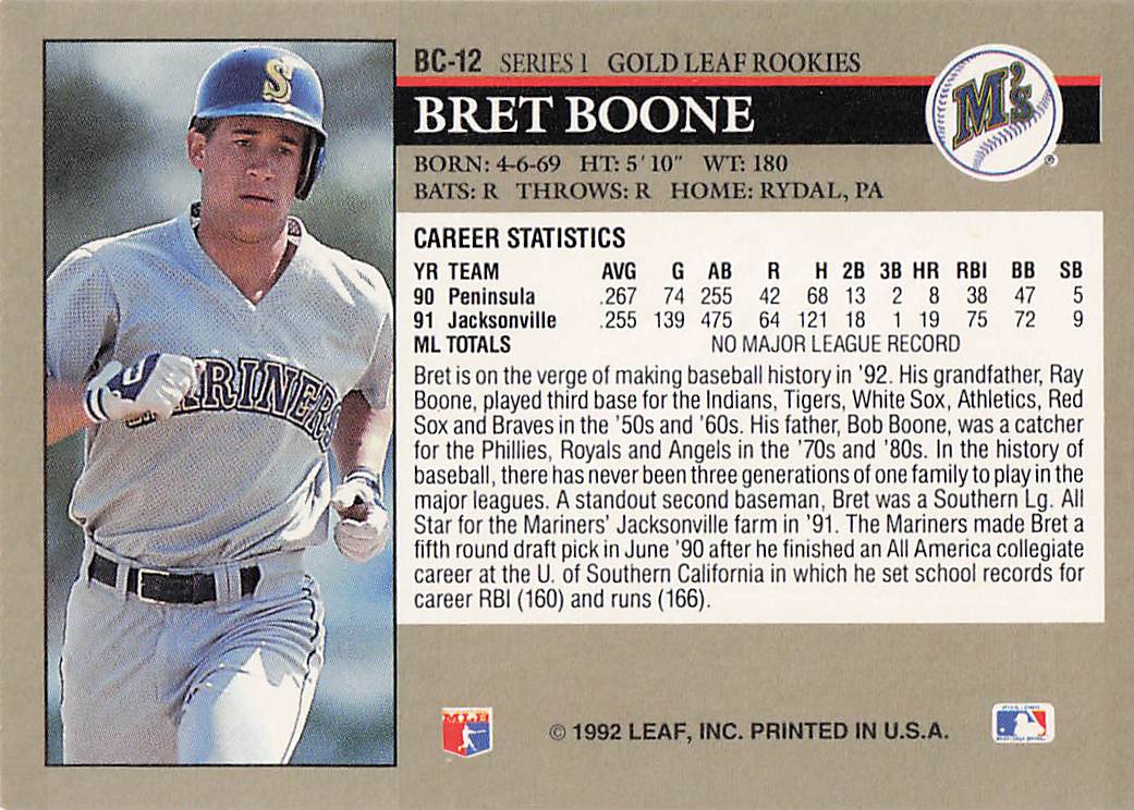 1992 Leaf Baseball Gold Rookies Bret Boone #BC-12