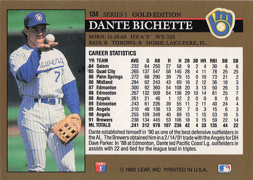 1992 Leaf Baseball Black Gold Dante Bichette #134
