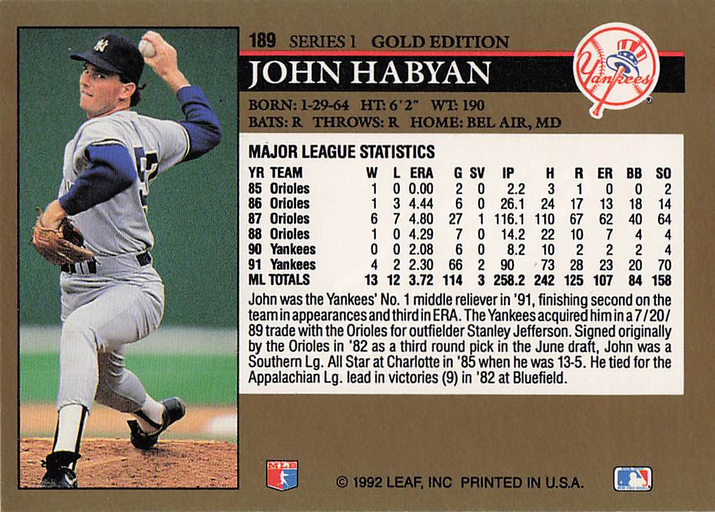 1992 Leaf Baseball Black Gold John Habyan #189
