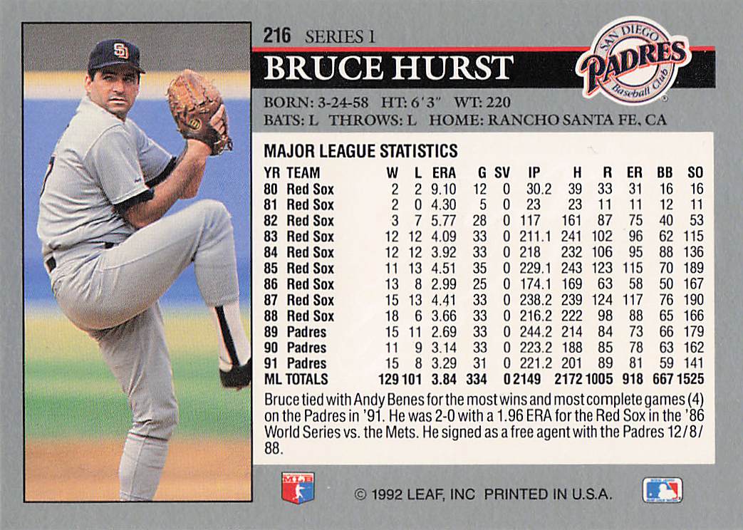 1992 Leaf Baseball Bruce Hurst #216