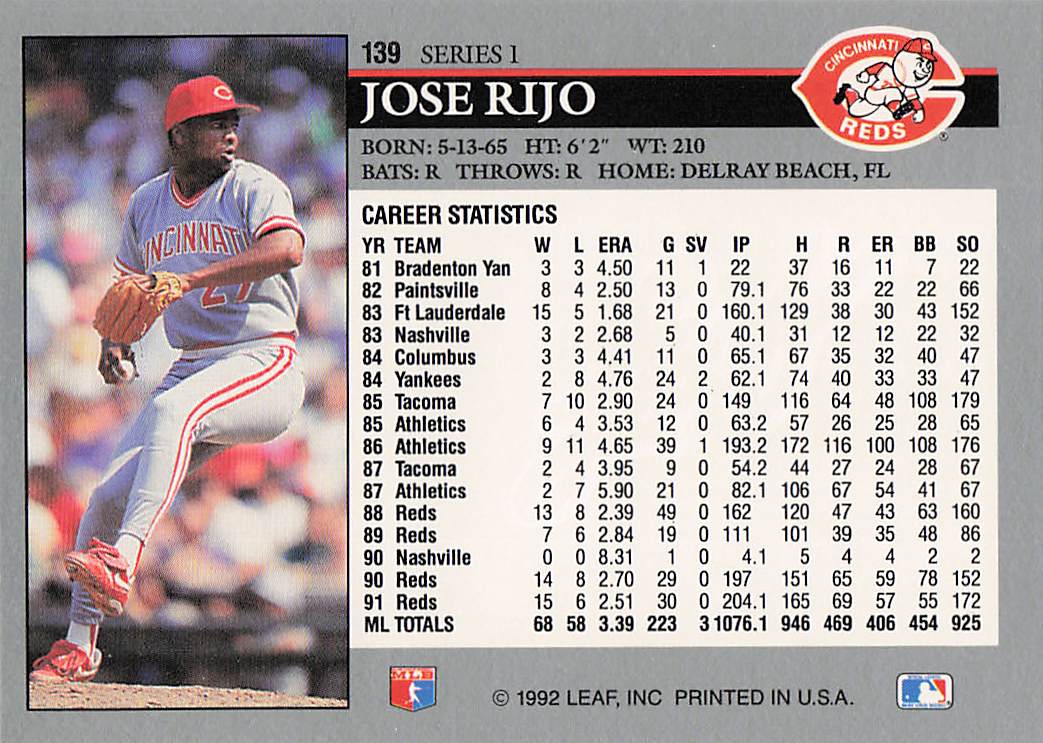1992 Leaf Baseball Jose Rijo #139