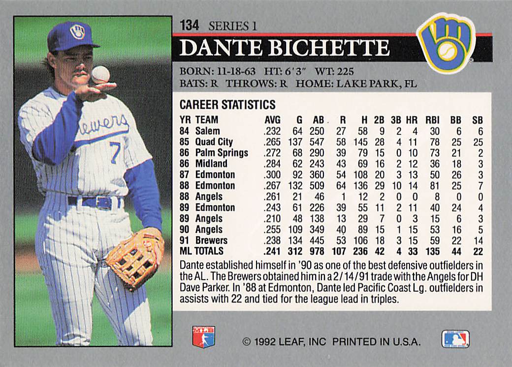 1992 Leaf Baseball Dante Bichette #134