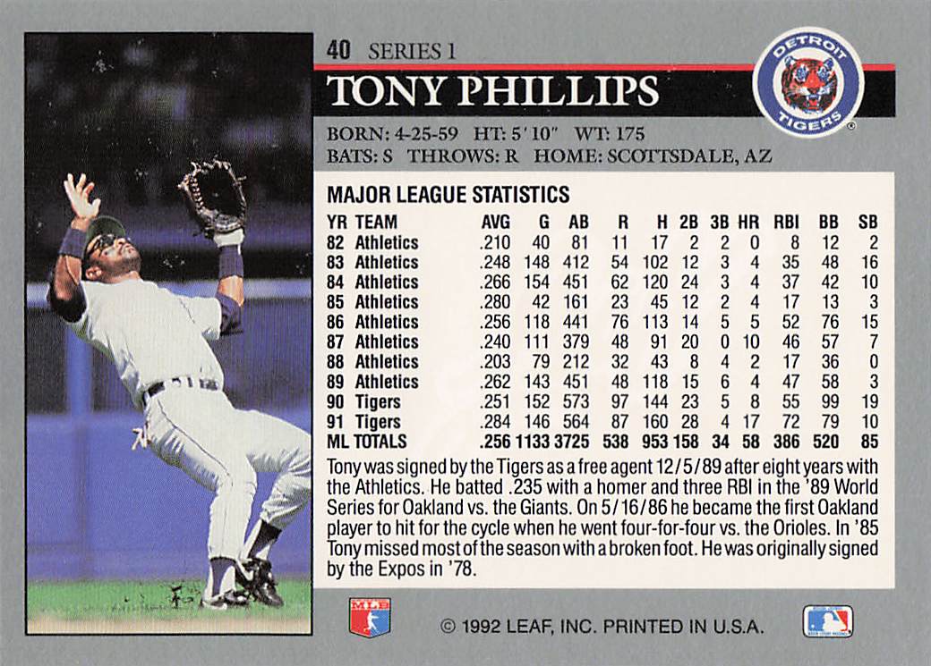 1992 Leaf Baseball Tony Phillips #40
