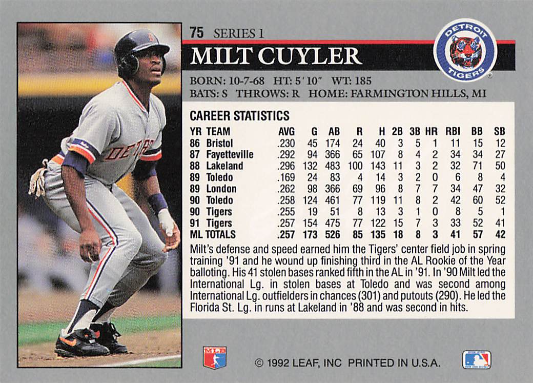 1992 Leaf Baseball Milt Cuyler #75