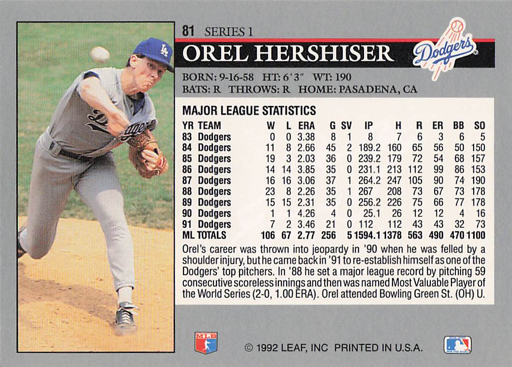 1992 Leaf Baseball Orel Hershiser #81