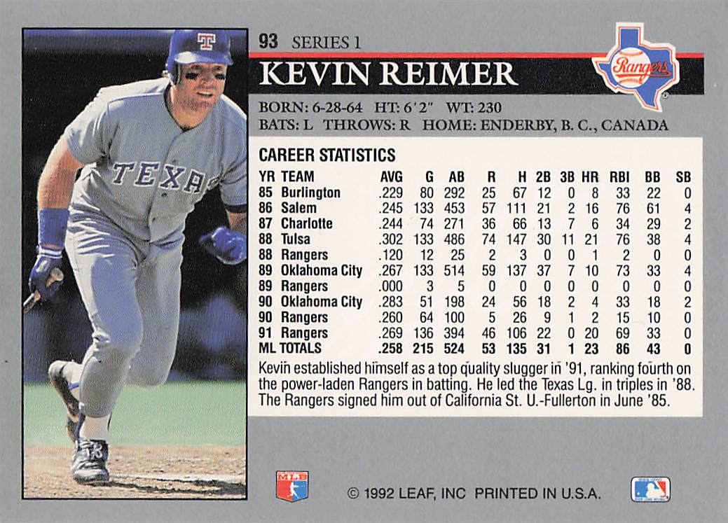 1992 Leaf Baseball Kevin Reimer #93