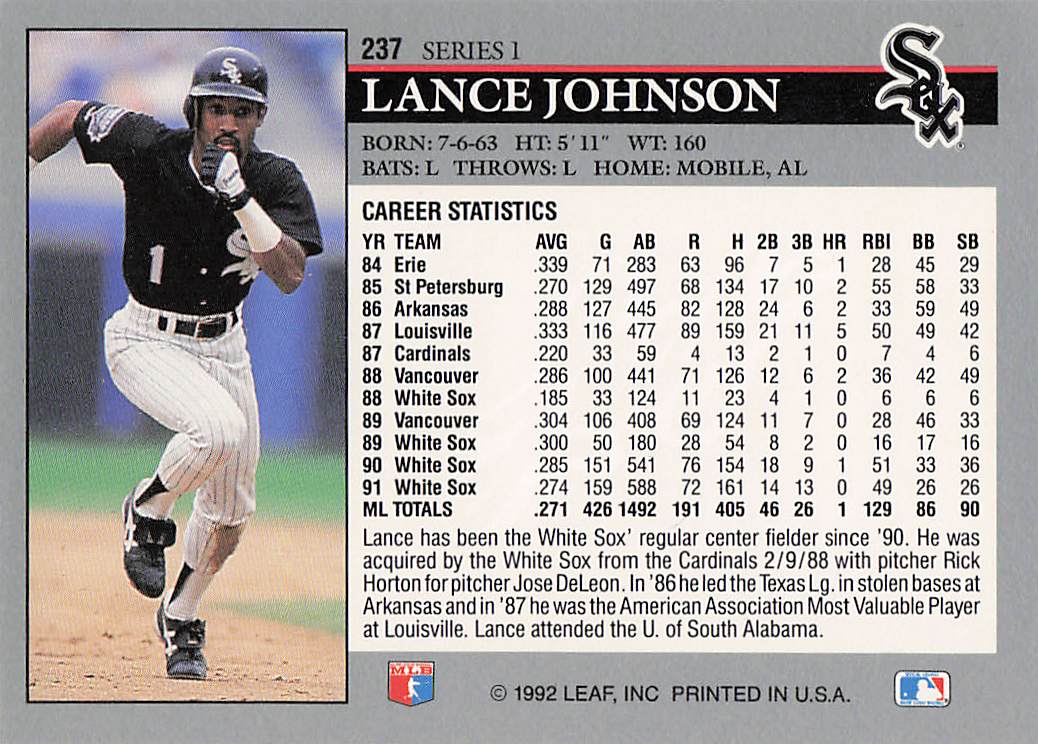 1992 Leaf Baseball Lance Johnson #237