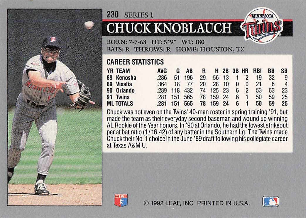 1992 Leaf Baseball Chuck Knoblauch #230
