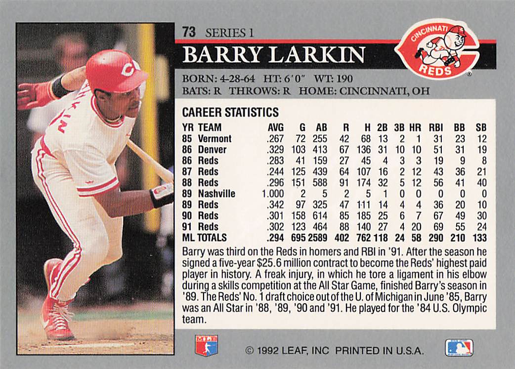 1992 Leaf Baseball Barry Larkin #73