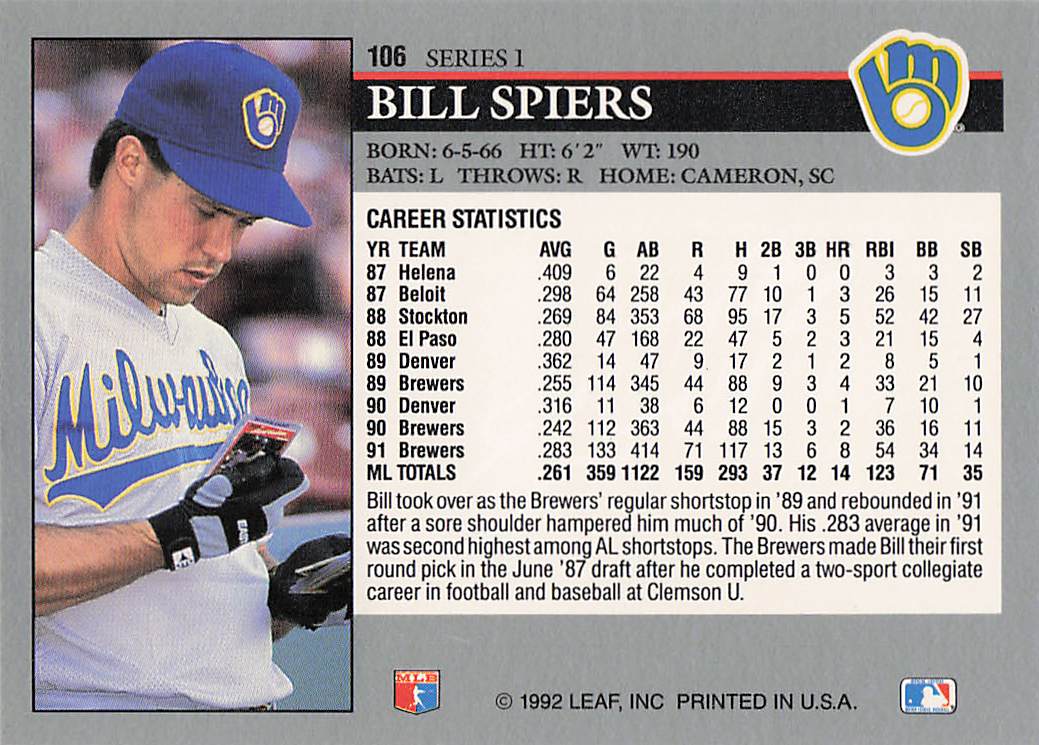 1992 Leaf Baseball Bill Spiers #106