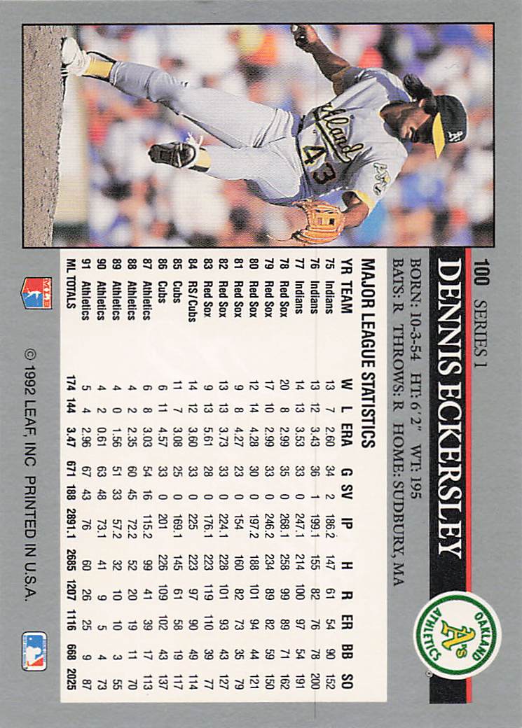 1992 Leaf Baseball Dennis Eckersley #100