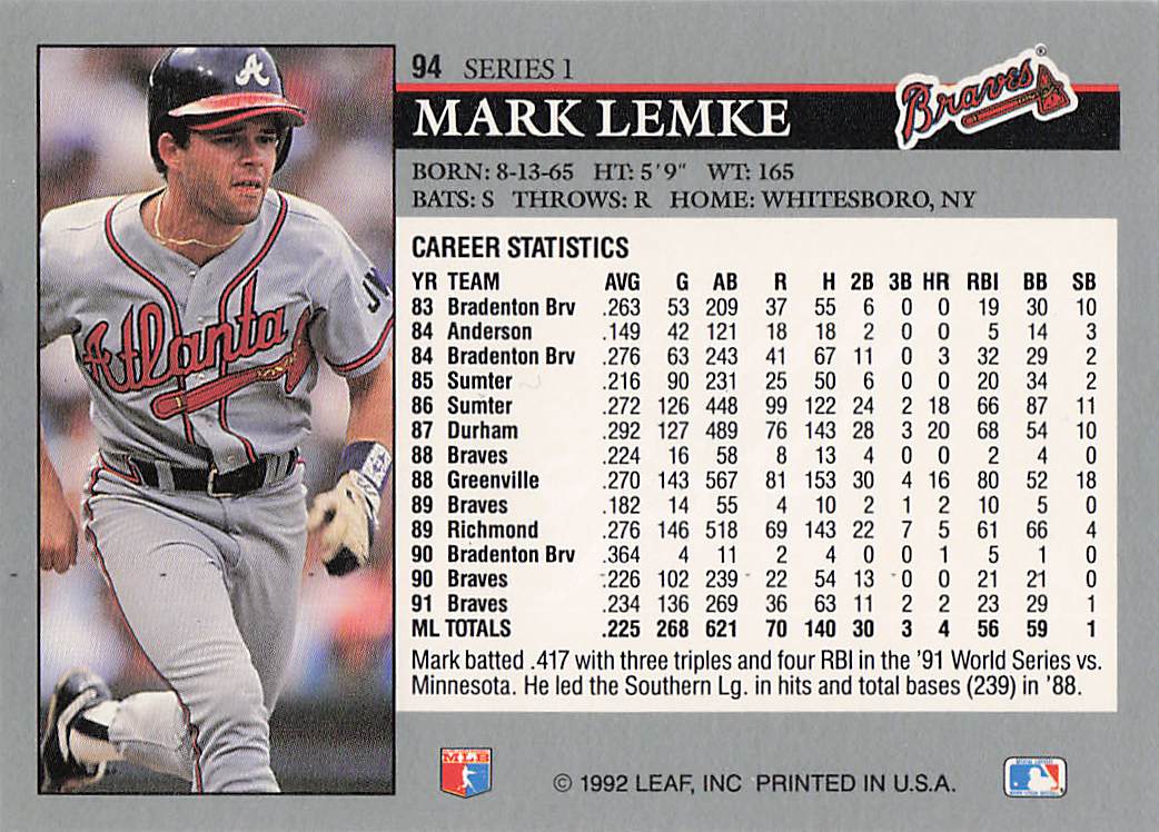 1992 Leaf Baseball Mark Lemke #94