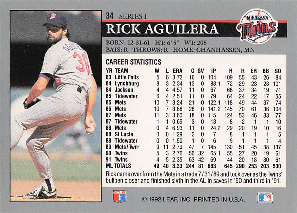 1992 Leaf Baseball Rick Aguilera #34