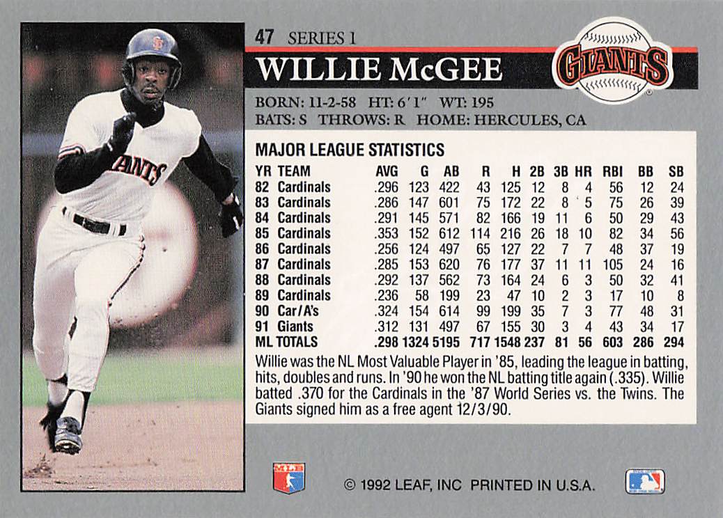 1992 Leaf Baseball Willie McGee #47