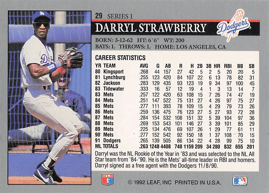 1992 Leaf Baseball Darryl Strawberry #29