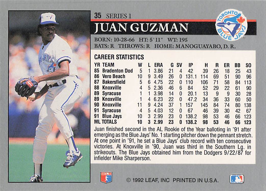 1992 Leaf Baseball Juan Guzman #35 Rookie