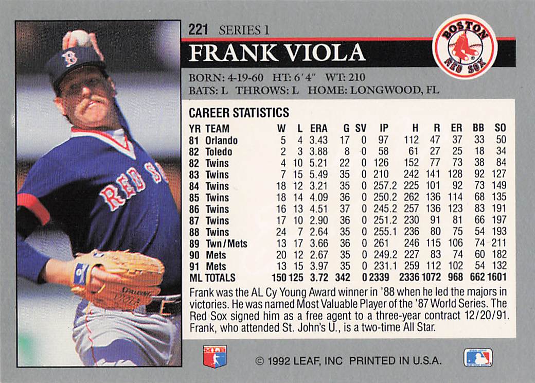 1992 Leaf Baseball Frank Viola #221