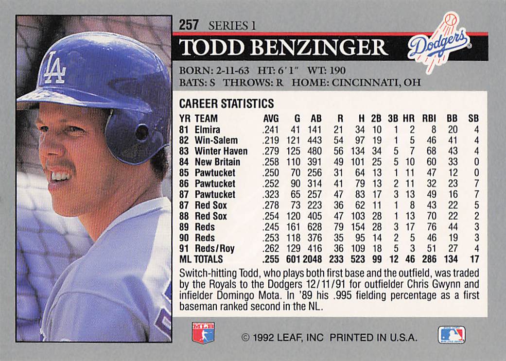 1992 Leaf Baseball Todd Benzinger #257