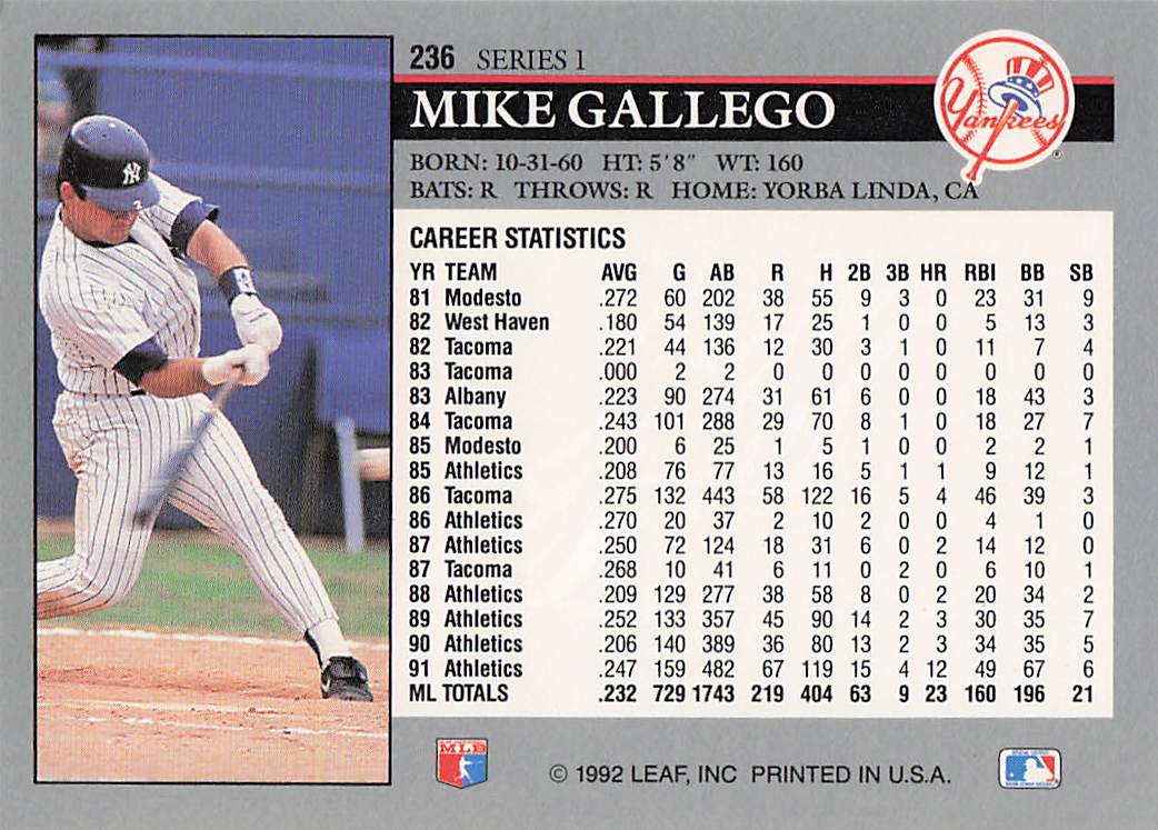 1992 Leaf Baseball Mike Gallego #236