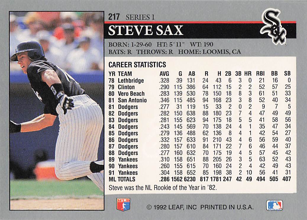 1992 Leaf Baseball Steve Sax #217