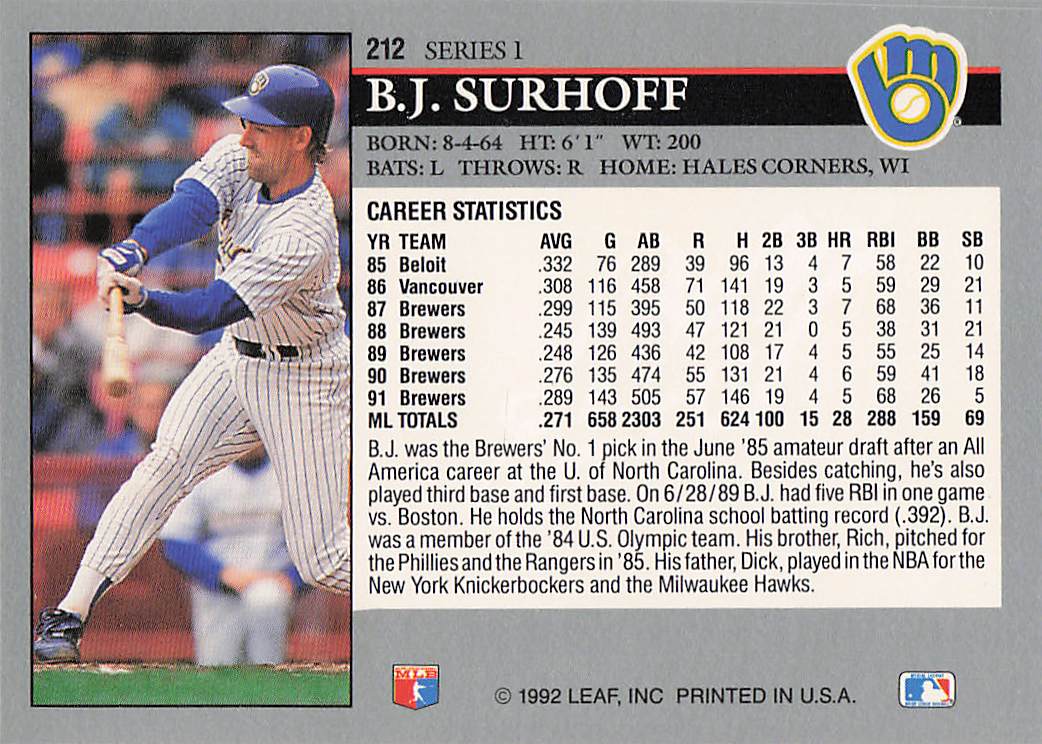 1992 Leaf Baseball B.J. Surhoff #212