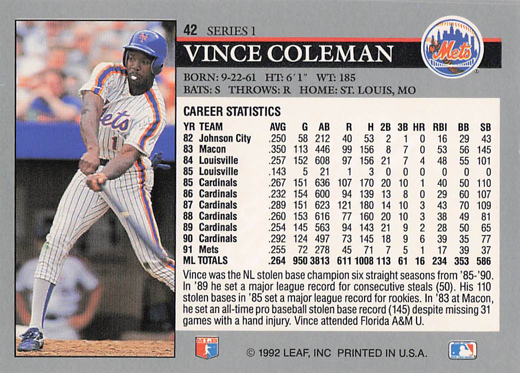 1992 Leaf Baseball Vince Coleman #42