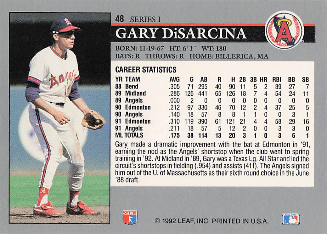 1992 Leaf Baseball Gary DiSarcina #48