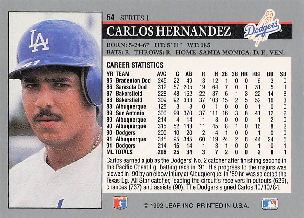 1992 Leaf Baseball Carlos Hernandez #54
